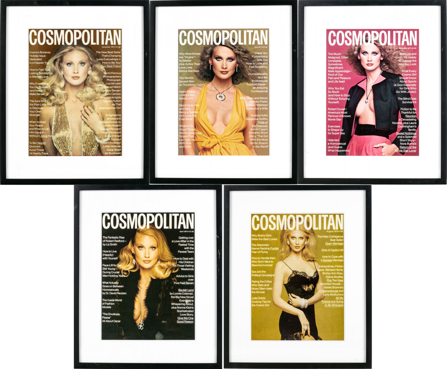 A nicely framed collection of the five Cosmopolitan magazine covers graced by Kathy Speirs in the 1970s.